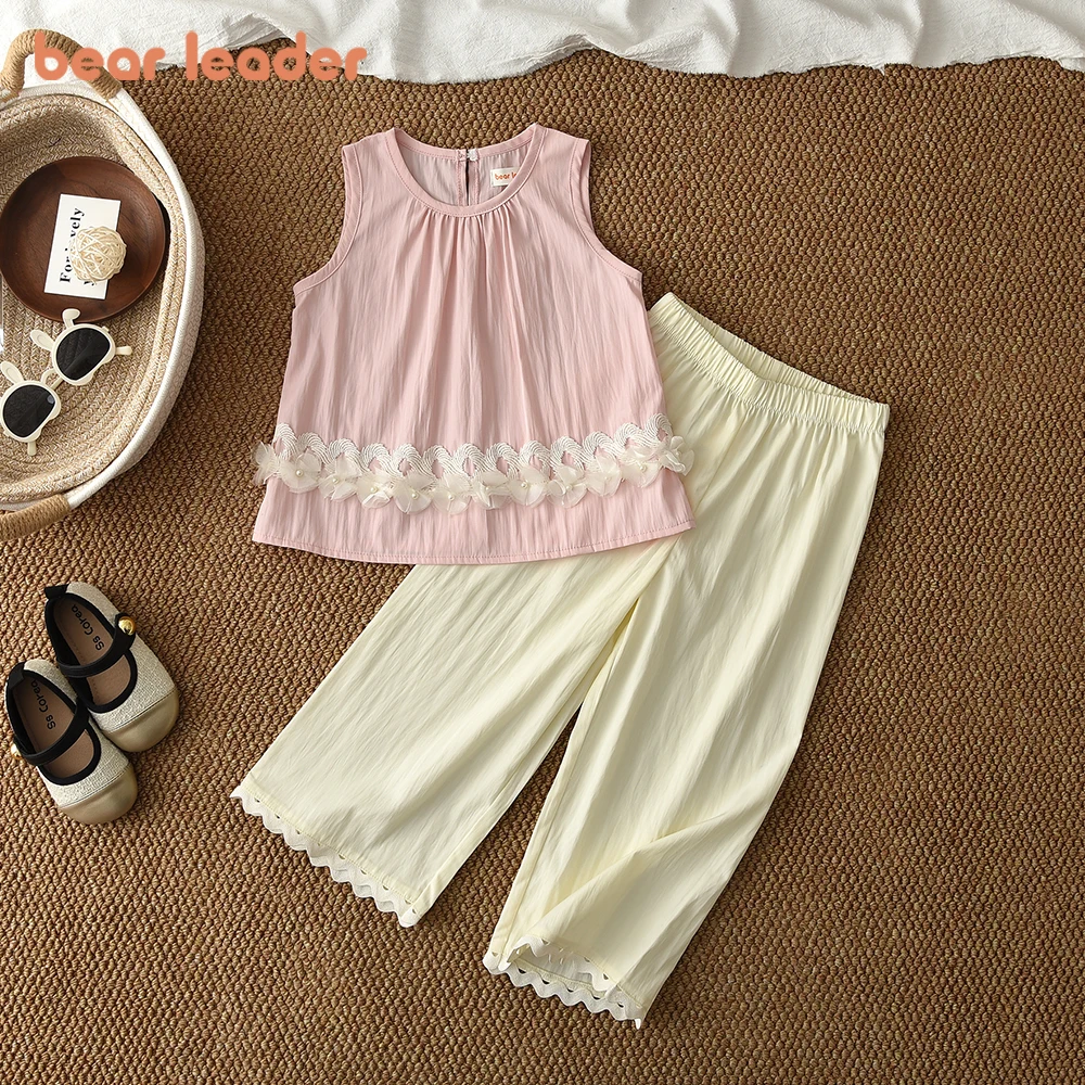 

Комплекты одежды для девочек Bear Leader, корейская версия, для детей 4-7 лет, однотонные, милые, летние, розовый топ без рукавов с кружевными вставками + бежевые брюки