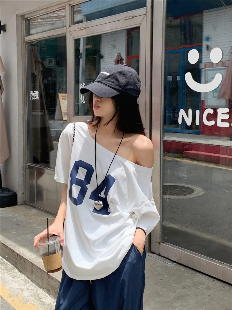 Y2K Goth Kwaii K-fashion Prints T-shirt T shirt Women Casual Loose Number Crop Top Off Shoulder Sexy Tee Tshirt Woman Clothing