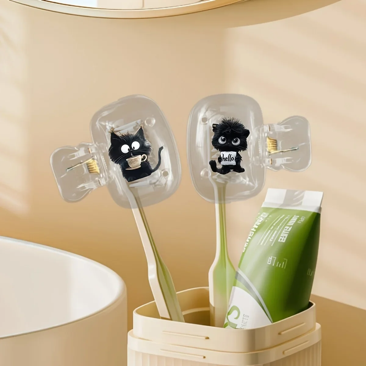 2pcs Charcoal Black Cat Toothbrush Holder Set Portable Home and Travel Toothbrush Clip with Protective Case Gift for Girls
