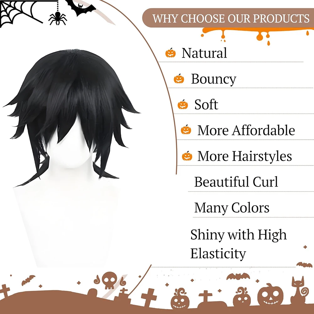 Anime Demon Slayer Tomioka Giyuu Cosplay Syntetyczne Włosy 50 cm Czarny Kucyk Puszysty Peruka na Halloween Karnawał Codzienna Impreza