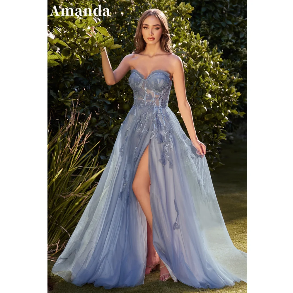 

Amanda 2024 Princess Strapless A-line Vestido De Novia Sequins Lace Evening Dress Sweet Sweetheart Side Split Prom Dress 2024