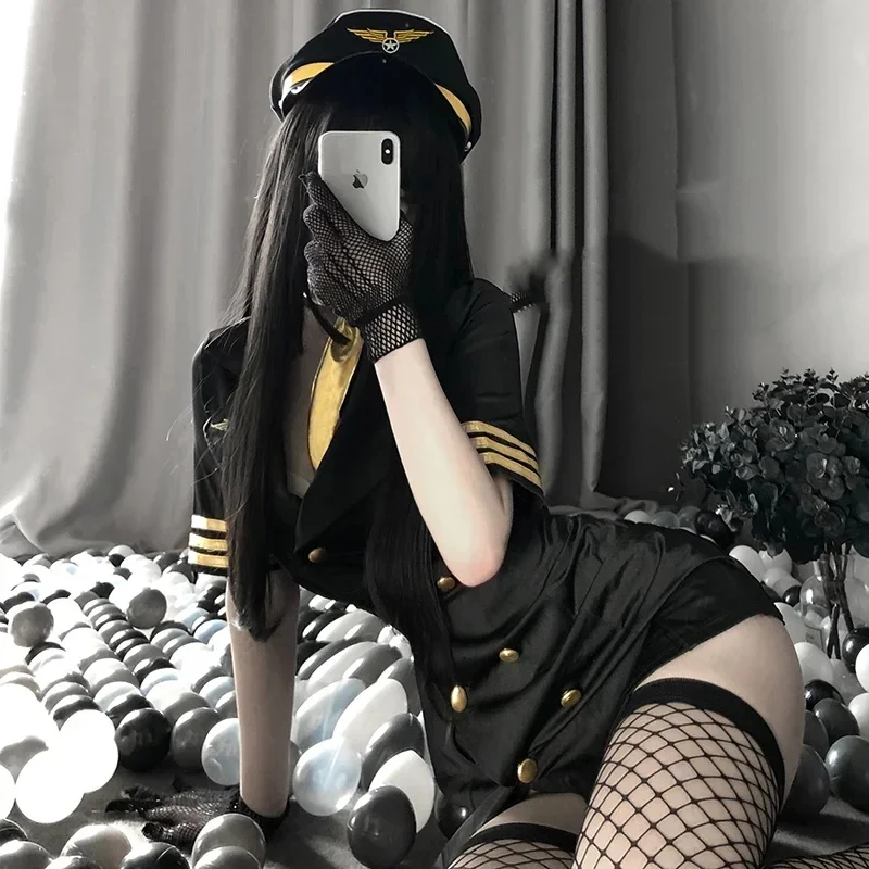 

2025 New Female Police Officer Uniform Deep V Neck Dress Sexy Lingerie Night Clubwear Stewardess Cosplay Clothes Maid Sailor AA