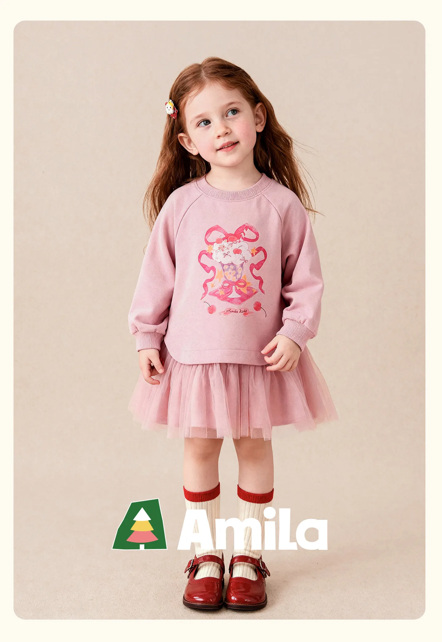Amila 2026 Herbst Neues Kinder-Mädchen-Mesh-Splice-Kleid Niedliches Eiscreme-Muster Süßes Liebliches Prinzessinnen-Partykleid – Detail 1