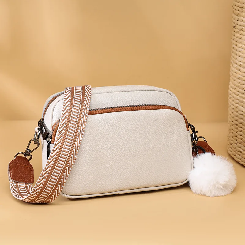 Bolsos de hombro de estilo Simple para mujer, bolso cruzado de cuero genuino de Color sólido con correa ancha, bolso de mensajero para teléfono femenino