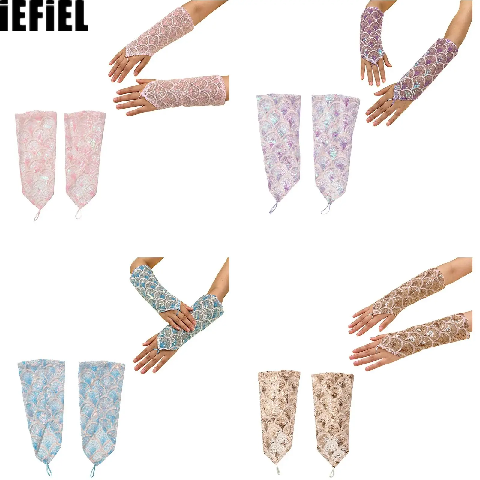 Adult Sparkly Sequin Gloves Fish Scale Embroidered Mesh Gloves for Halloween Cosplay Stage Performance Nightclub Disco Party
