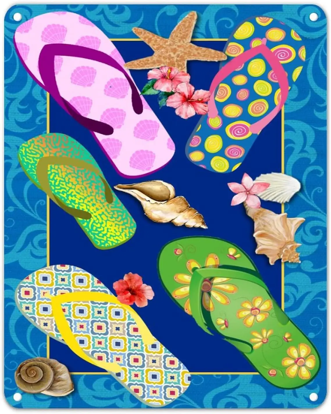 Y1,Flip Flops Metal Sign Seashell Starfish Aluminum  Weatherproof Fashion Plaque for Cafe Coffee Bars Pubs Man