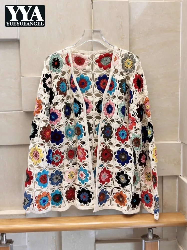

Один размер, ажурный женский кардиган, топ, винтажный красочный свитер с цветочным принтом, свободный крой, вязаная куртка с длинными рукавами, трикотаж с v-образным вырезом