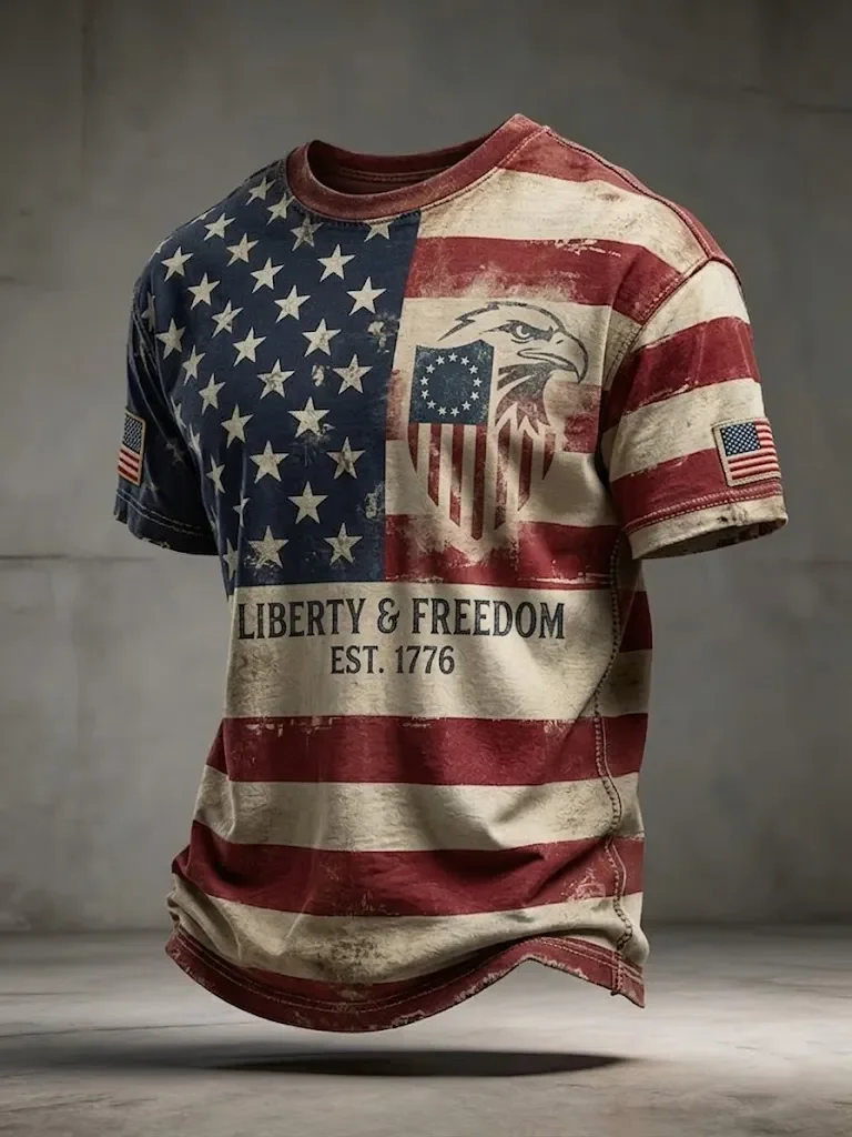 3D Printing Men's USA Flag Freedom 1776‑2026 Print T‑Shirt, Patriotic Short Sleeve Casual Holiday Top