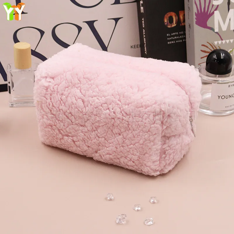 Lamb Cashmere Makeup Bag, Cream Color, Portable Skincare Storage Bag, Small Fresh Cosmetic Zipper Bag