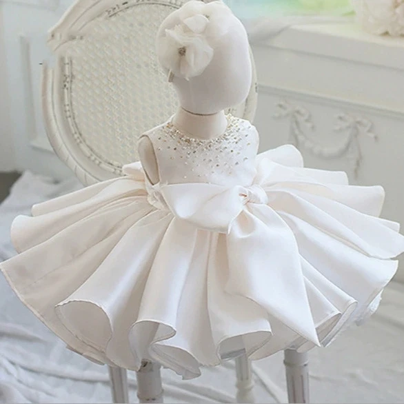 

Flower girl dress for wedding Infant Girls Party Clothing Bow 1st Year Birthday Baptism Sleeveless Dresses Baby Kids Outfits