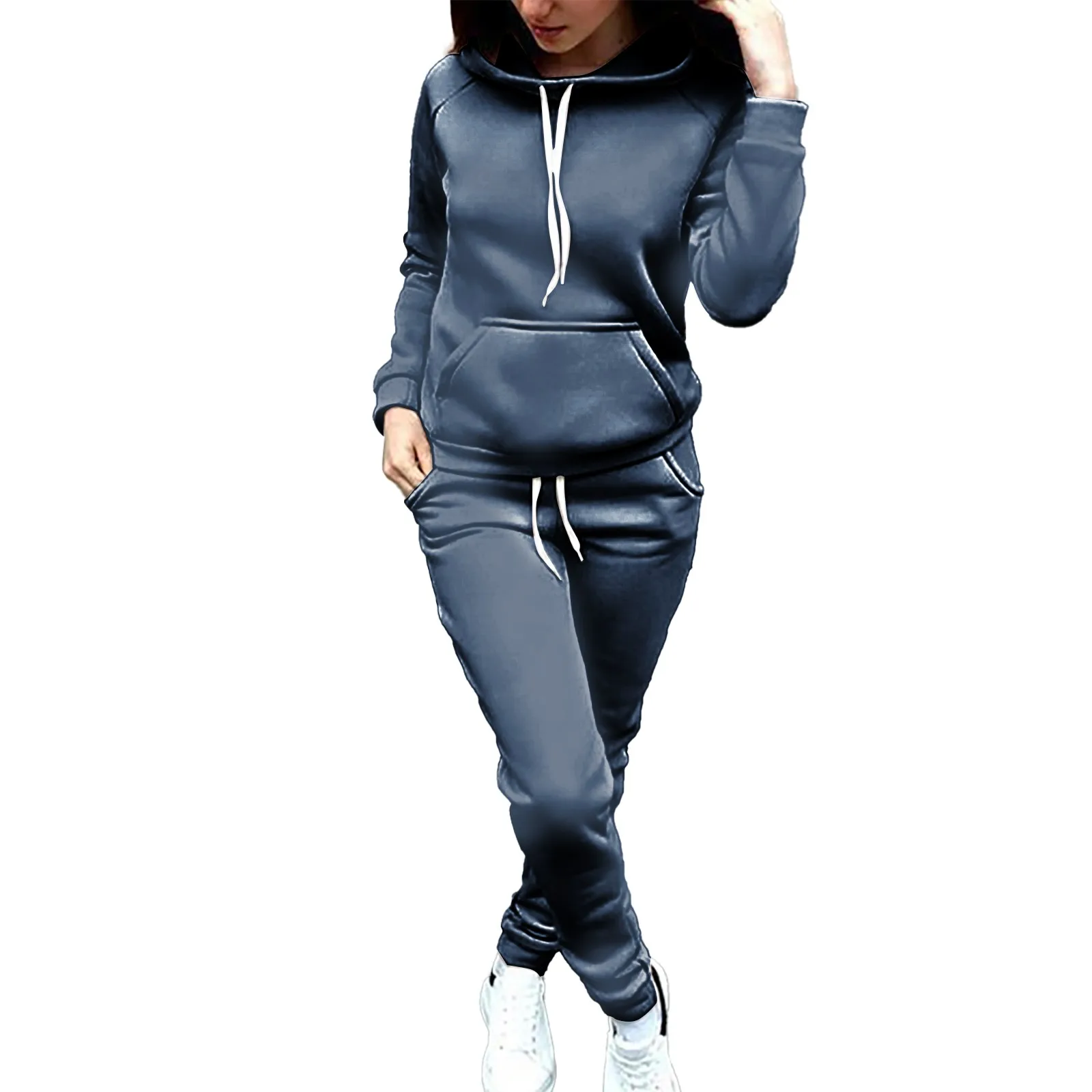 Solid Color Hoodies+Jogger Running Sweatpants 2 Piece Set 2024 Plus Size Loose Warm Fleece Trouser Suits Women CasualPant Sets