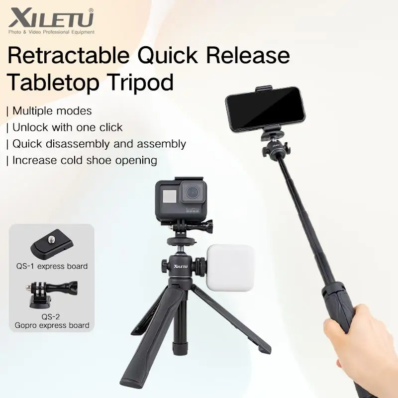 XILETU Quick Release Tripod Portable Handheld Photography Live Vlog Selfie Stick Cold Shoe Expansion Desktop Mobile Phone Holder