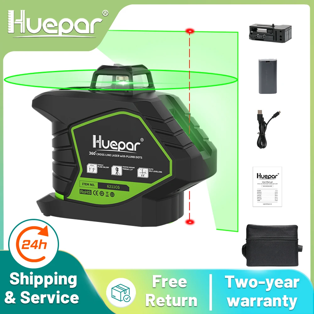 Huepar 5 Lines Green Laser Level Self-Leveling Cross Line With 2 Plumb Dots 360° Coverage Lithium Laser Tools 6211CG