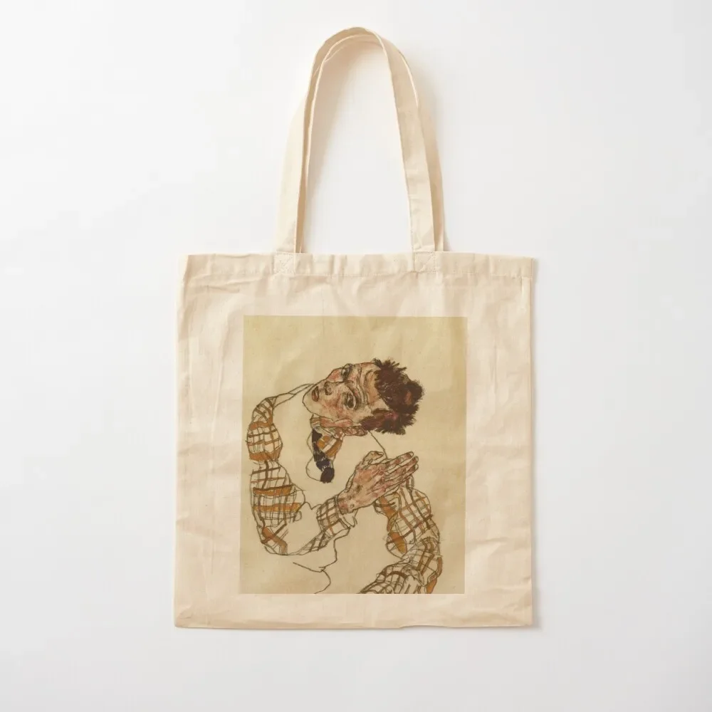 

Egon Schiele - Self Portrait With Checkered Shirt 1917 Tote Bag reusable shopping bags Cloth bags Customizable tote bag Tote Bag