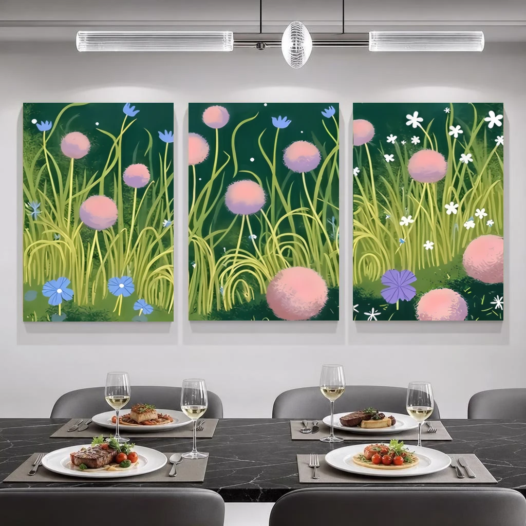 2D Flat, 3pcs Modern Boho Floral Wall Art with Pink Purple Pompoms & Green Grass - less Poster Suitable for Living Room,, Roo