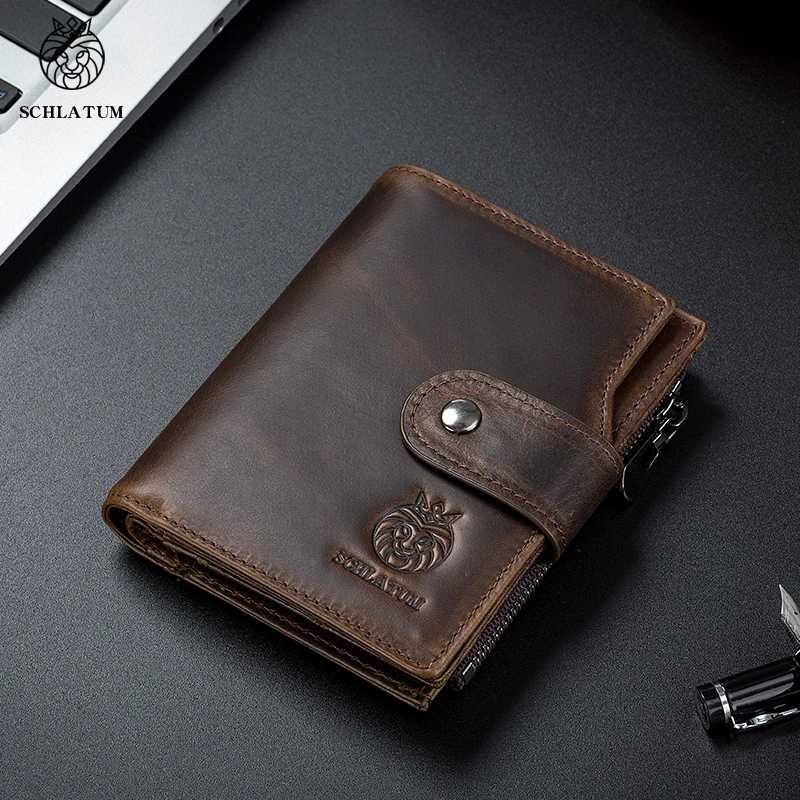 SCHLATUM Classic Style Wallet Genuine Leather Men Wallets Short Male Purse RFID Card Holder Wallet Men Fashion High Quality