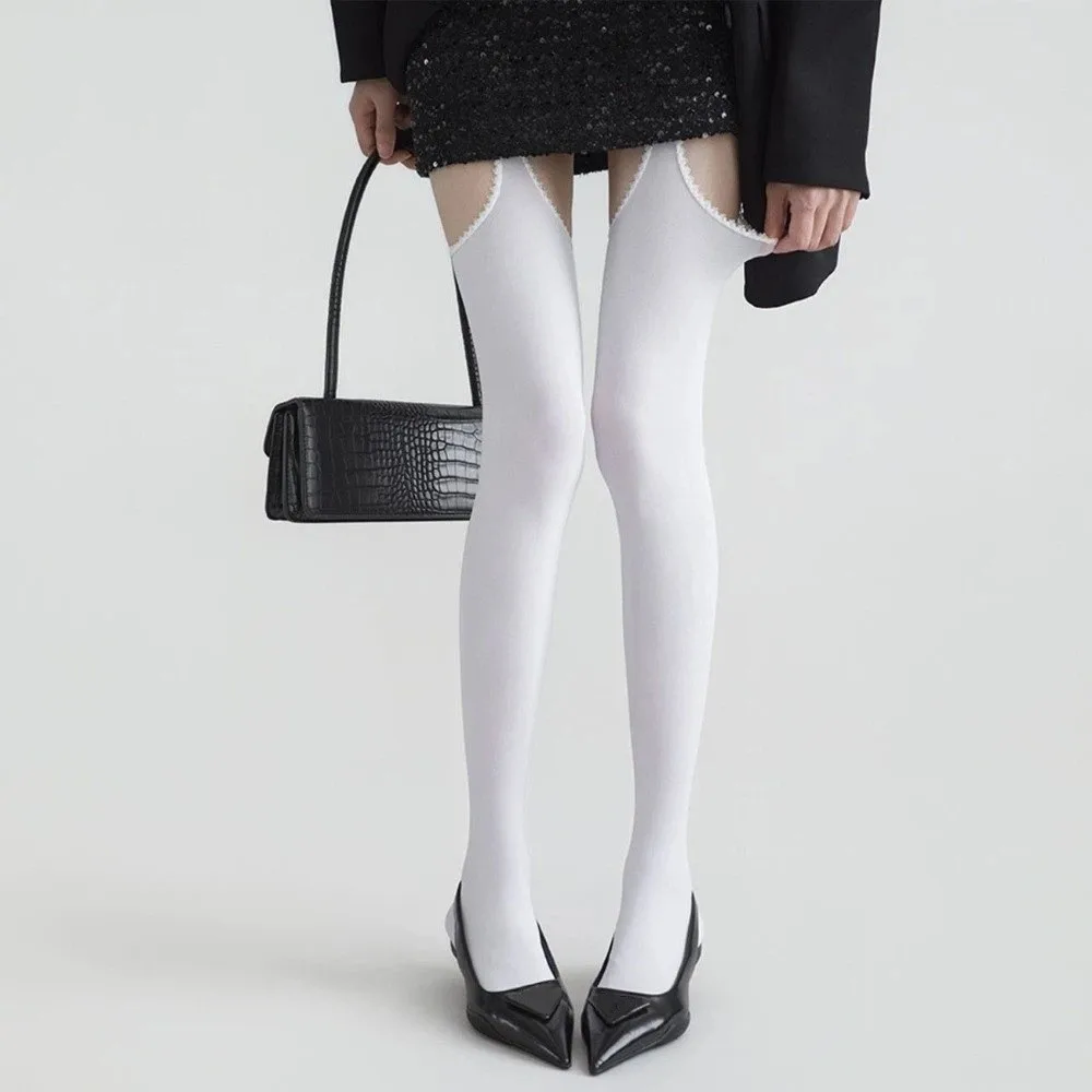 Temperament Hollowed-out Women Pantyhose Lolita JK Wide-banded Thin Tights Spicy Girls Style Thigh High Stockings Lolita
