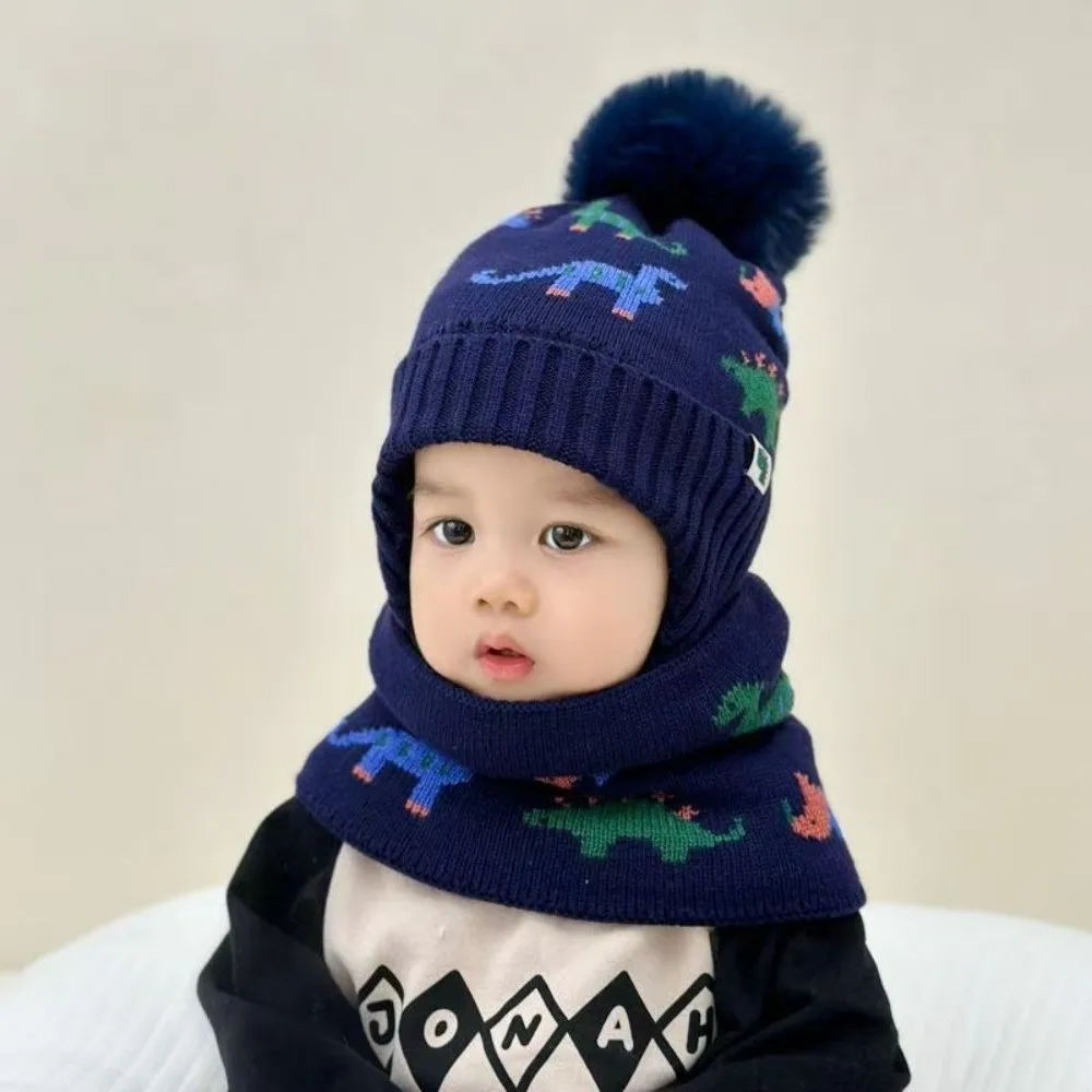 2Pcs Set Cute Thickened Baby Beanie Cap Warm Cartoon Dinosaur Scarf Set Ear Protection Knitted Hat Winter