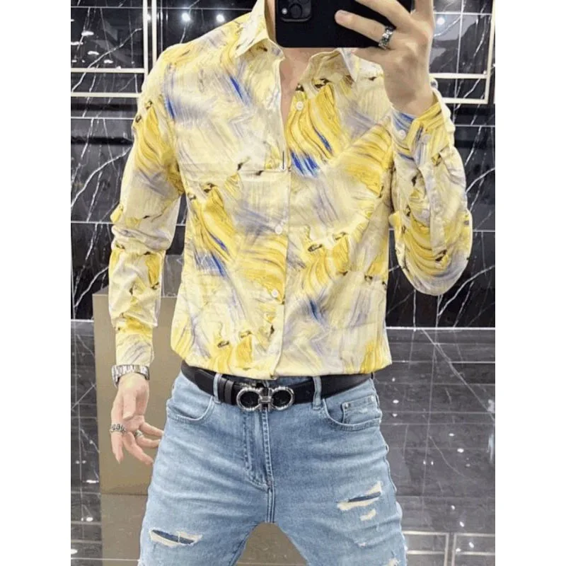 2024 Spring Autumn Printed Button Polo-Neck Shirts Versatile Fashion Casual Loose Simplicity Handsome Men's Long Sleeve Shirt