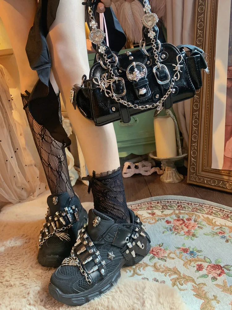 Pinkyo الأصلي الهيكل العظمي المعدني رصاصة سلسلة أبي أحذية الرجعية القوطية الظلام الشرير نمط سميكة سوليد أحذية رياضية