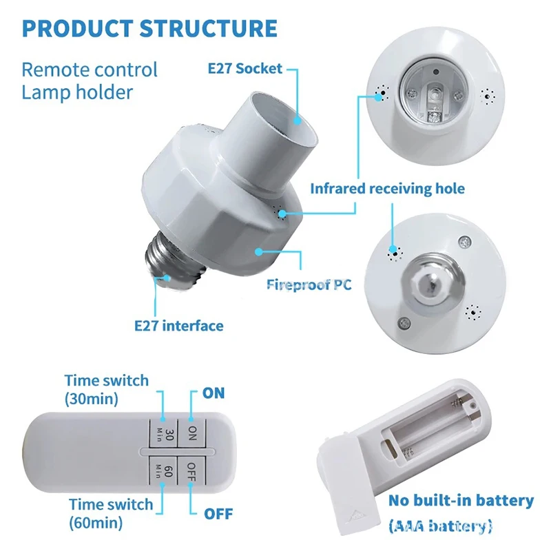 Vendas quentes de controle remoto sem fio e27 suporte da lâmpada interruptor temporizador inteligente ampla tensão faixa branca interruptor temporizador inteligente