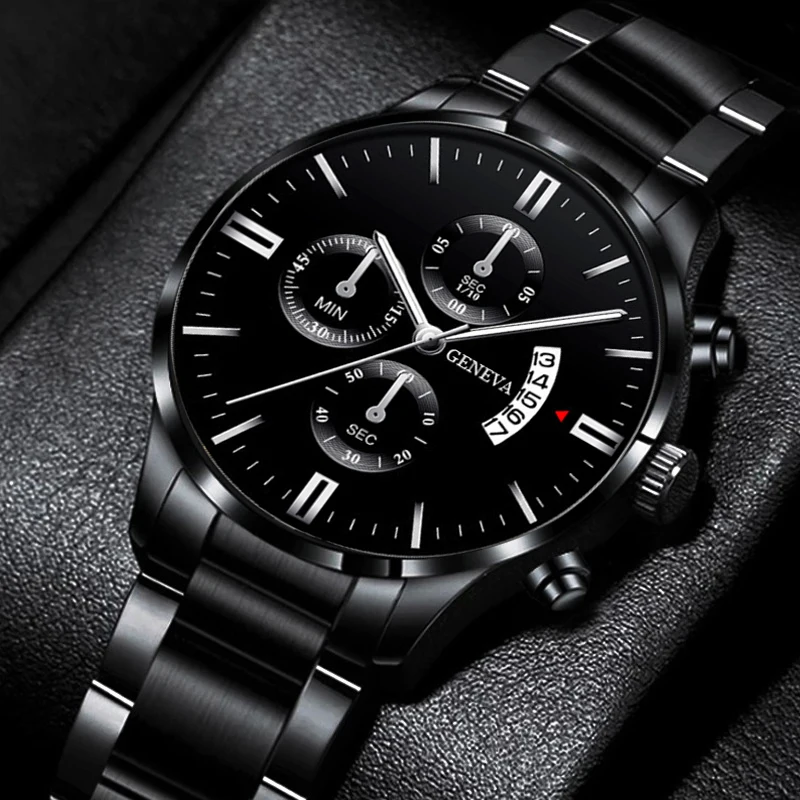 4pcs/set Men\'s Watch Fashion Black Steel Male Business Quartz Watch With Calendar Jewelry Set(Without Box)
