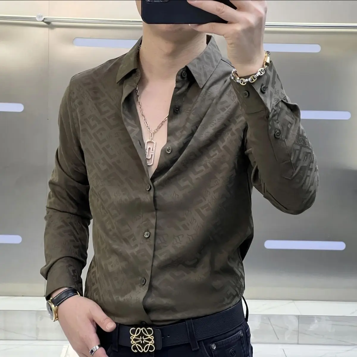 2024 Autumn/Winter New Men's Long Sleeve Shirt with Hidden Flower Jacquard Craftsmanship Fashionable and Versatile Trendy Top