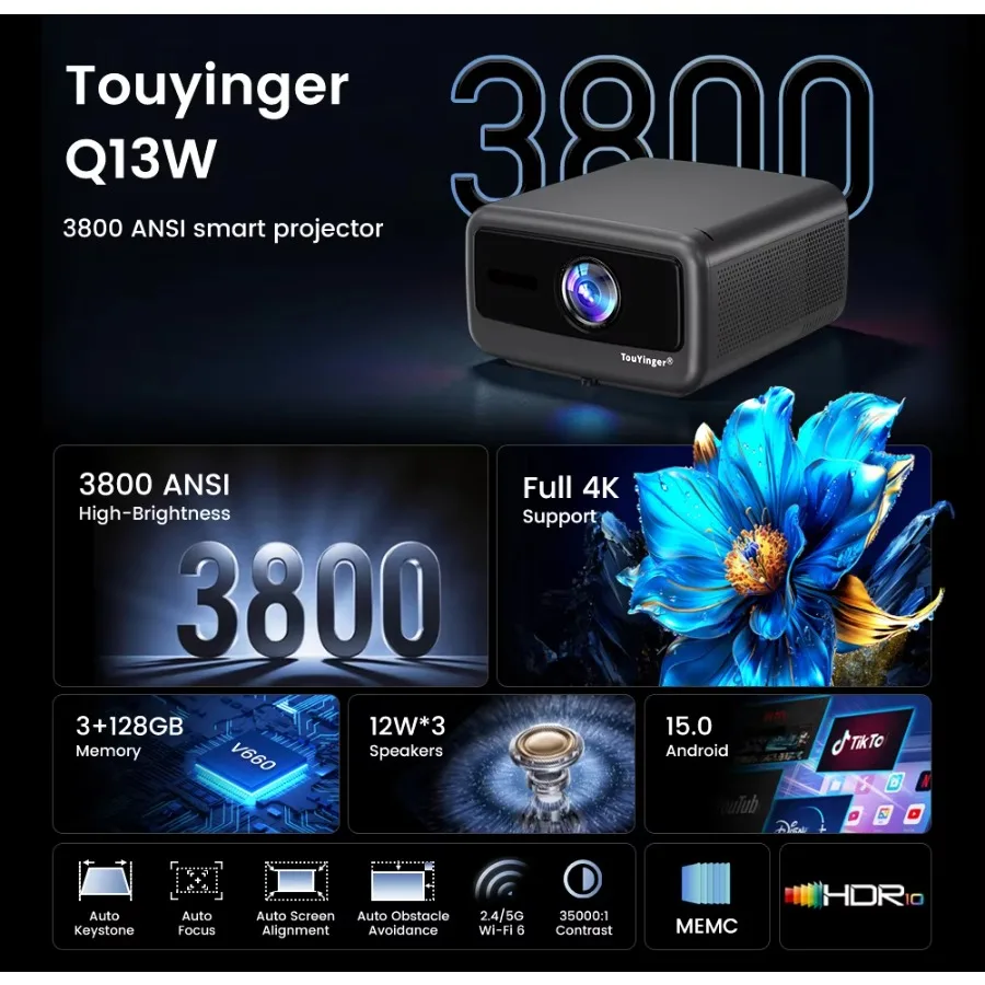 Q13W projector 4K supports V660 flagship anti-card chip MEMC fluid motion 3GB + 128GB Pro storage, built-in 1080P home theater