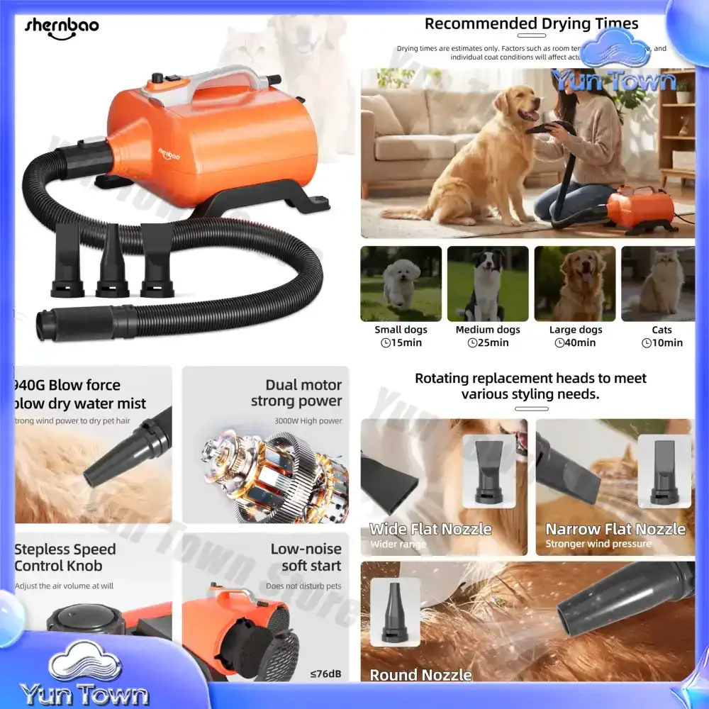 Shernbao DHD-3000F Typhoon Dual Motor Pet Dryer 3000W High Speed Professional Pet Grooming Forced Air Dryer, Suitable for