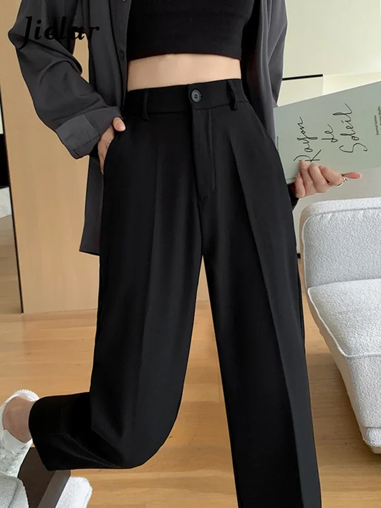 Jielur Nieuwe Office Lady Eenvoudige Vrouwelijke Pak Broek Zomer Hoge Taille Effen Kleur Casual Mode Damesbroek Chique Harembroek