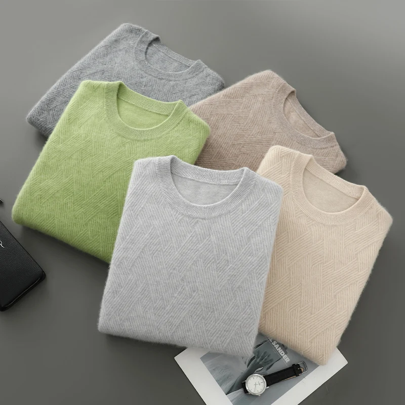 

Autumn and Winter New Round Neck 100% Wool Men's Sweater Solid Color Knitted Warm Pullover Business Casual Men's Top