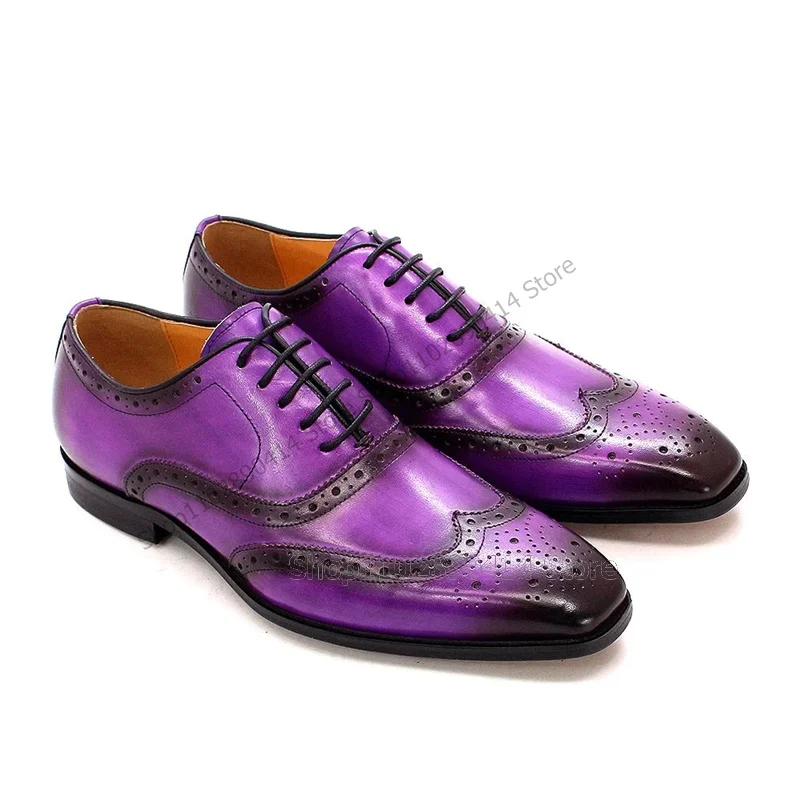 Zapatos de punta cuadrada para hombre, calzado con cordones, hecho a mano, de lujo, para fiesta, banquete y oficina, color morado y marrón