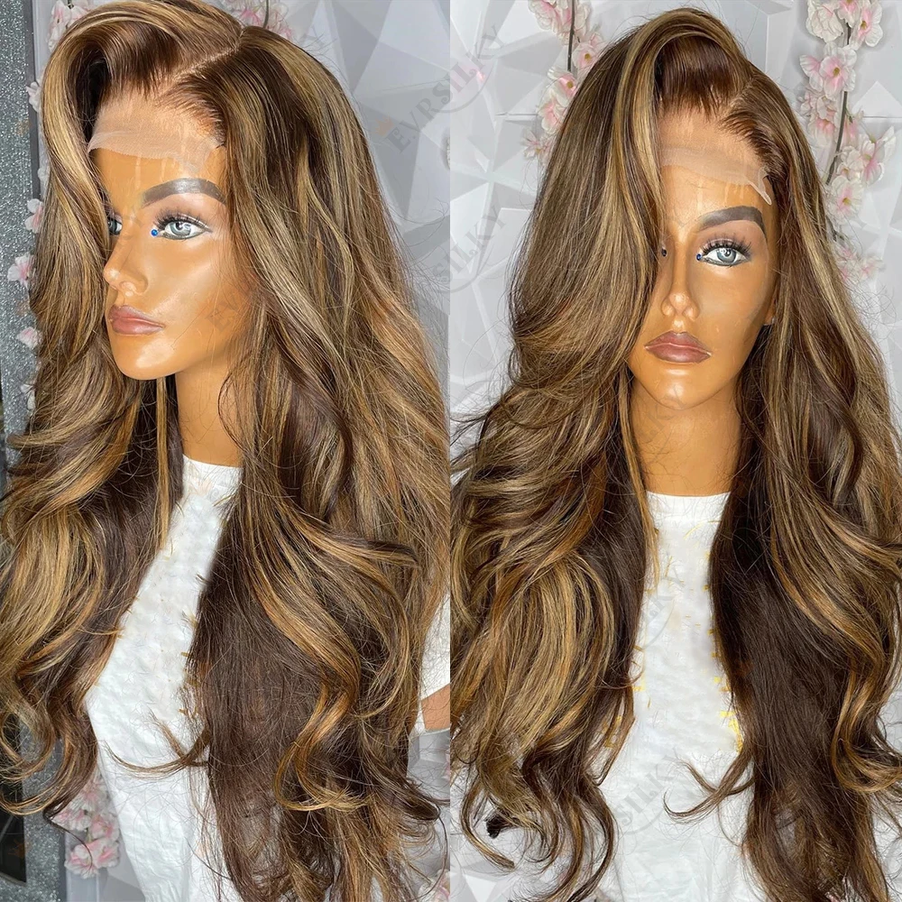 Side Body Wave Highlight 360 Lace Frontal Human Hair Wig Brazilian Wavy Honey Blonde Brown 13X6 Lace Front Wigs For Women Remy