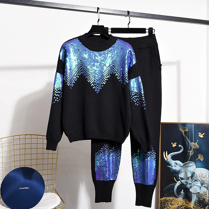 

2023 New Autumn Winter Women Knitted Two-piece Set Embroidery Sequins Sweaters Pullover Top + Casual Harem Pants Female Suits