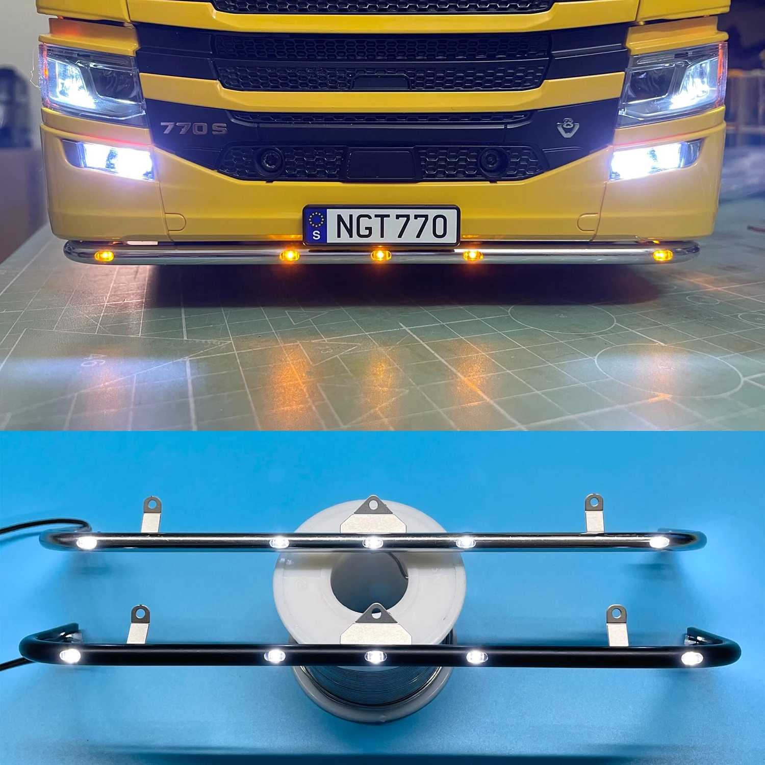 

Metal LED Front Bumper Bottom Lights Accessories for 1/14 Tamiya RC Truck Scania 56368 770S 56371 Toy Car DIY Parts