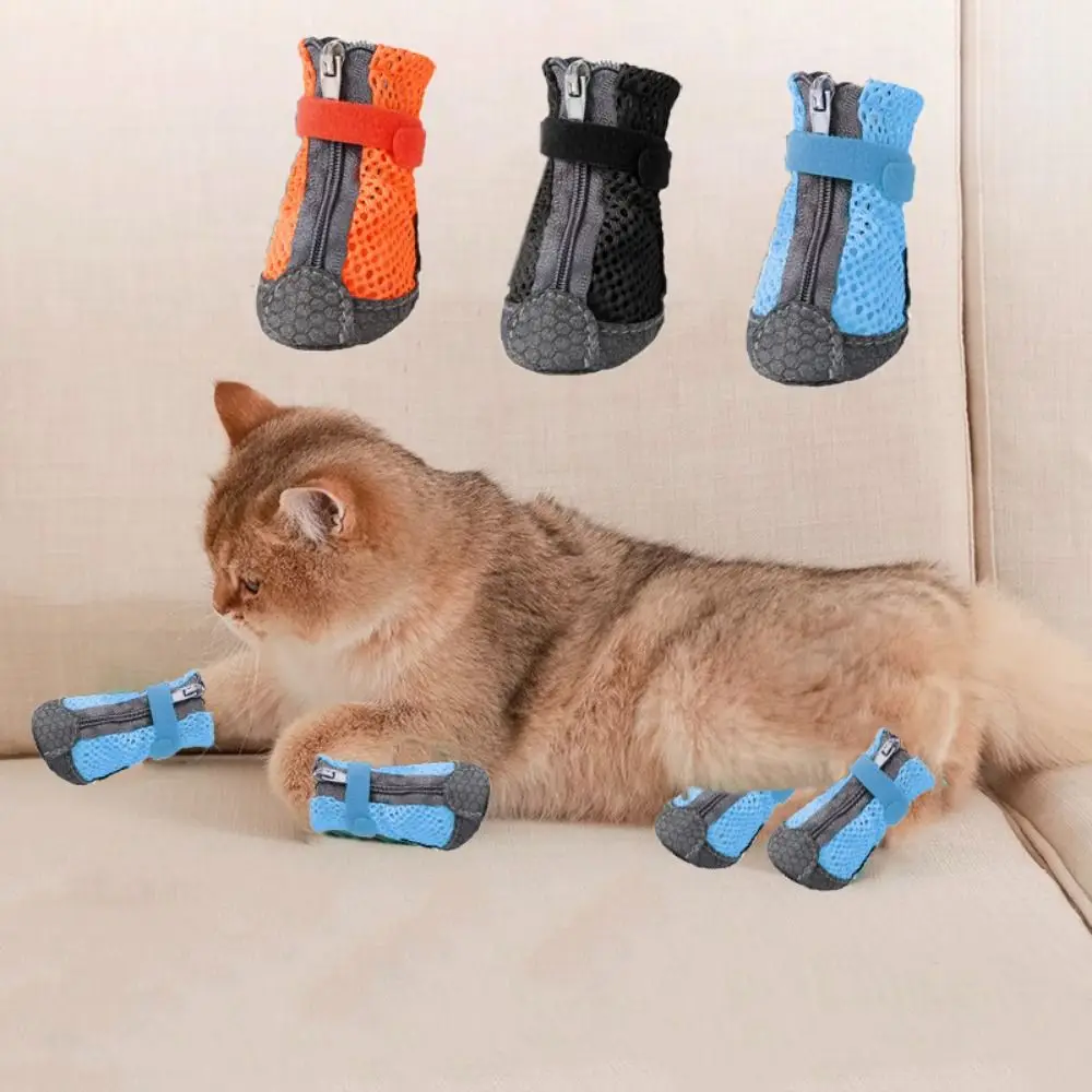 4Pcs 내구성 편안한 애완 동물 개 신발 안티-슬립 보호 개 메쉬 신발 통기성 개 신발 야외 청소가 용이함