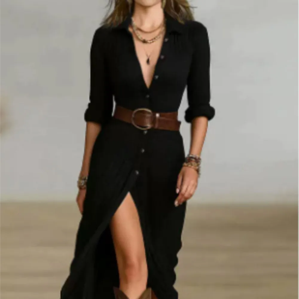 2024 Autumn New Women\'s Clothing Solid Color Fashionable Temperament Long Sleeved Sleeve Lace Up Casual Mid Length Lapel Dress