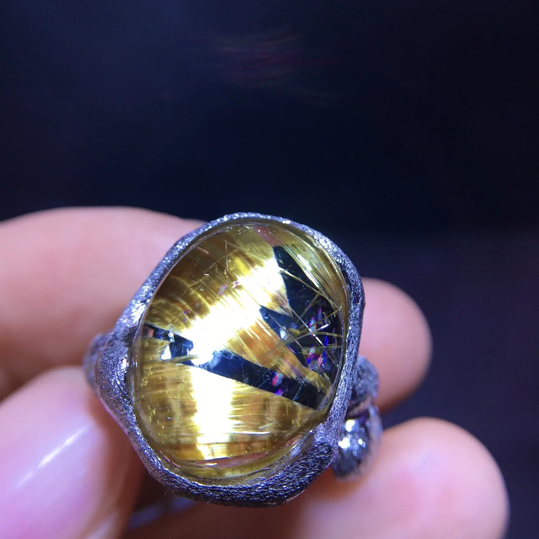

Natural Gold Rutilated Quartz Adjustable Ring Flower Women 925 Silver 17.5/13.6mm Yellow Rutilated Beads AAAAAA