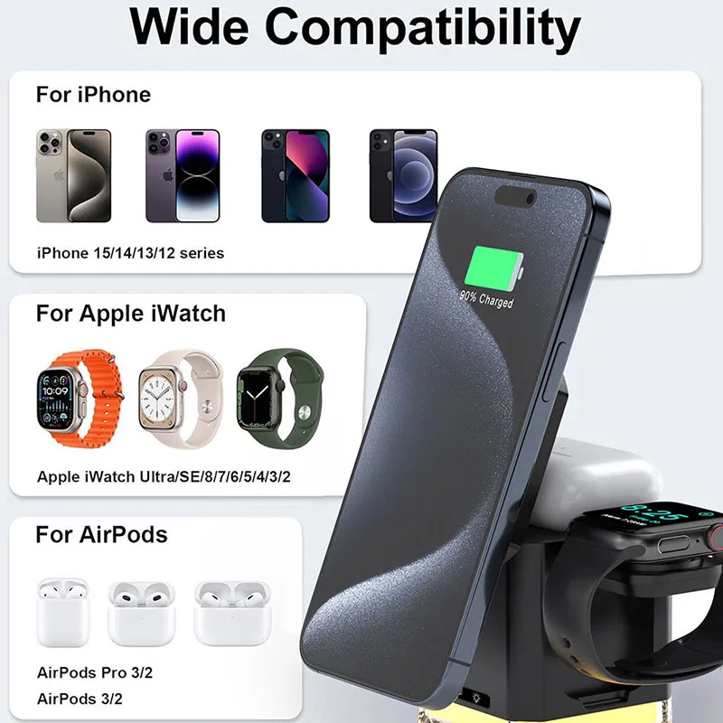 2025 Qi2 شاحن لاسلكي جديد مغناطيسي متعدد الوظائف 3 في 1 لهاتف آيفون 17 16 15 14 13 12 Pro Max Iwatch Airpods شاحن