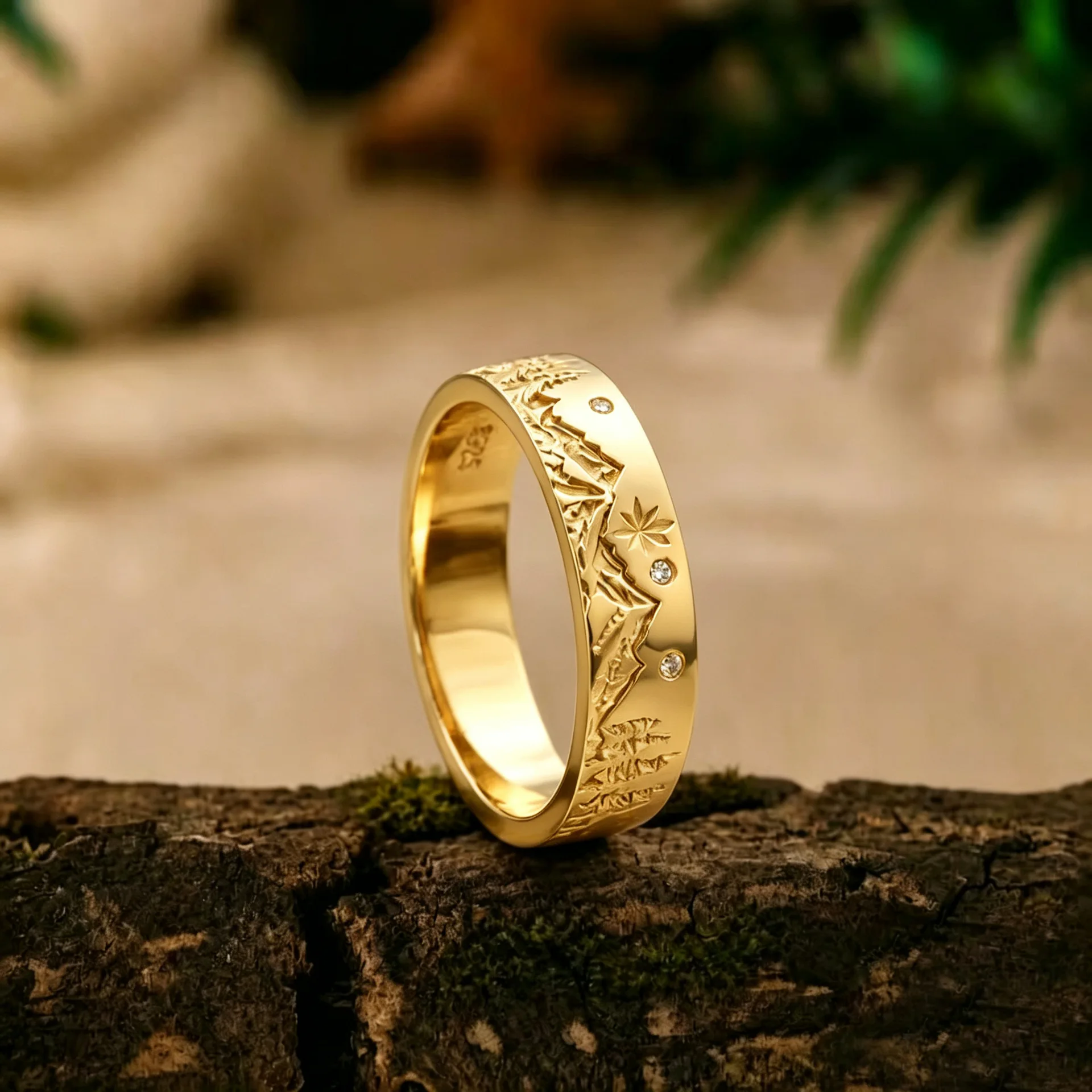 High-quality 18-karat Gold Mountain Engraved Gold Ring Tiny CZ Stone Nature Landscape Wedding Band for Men Women