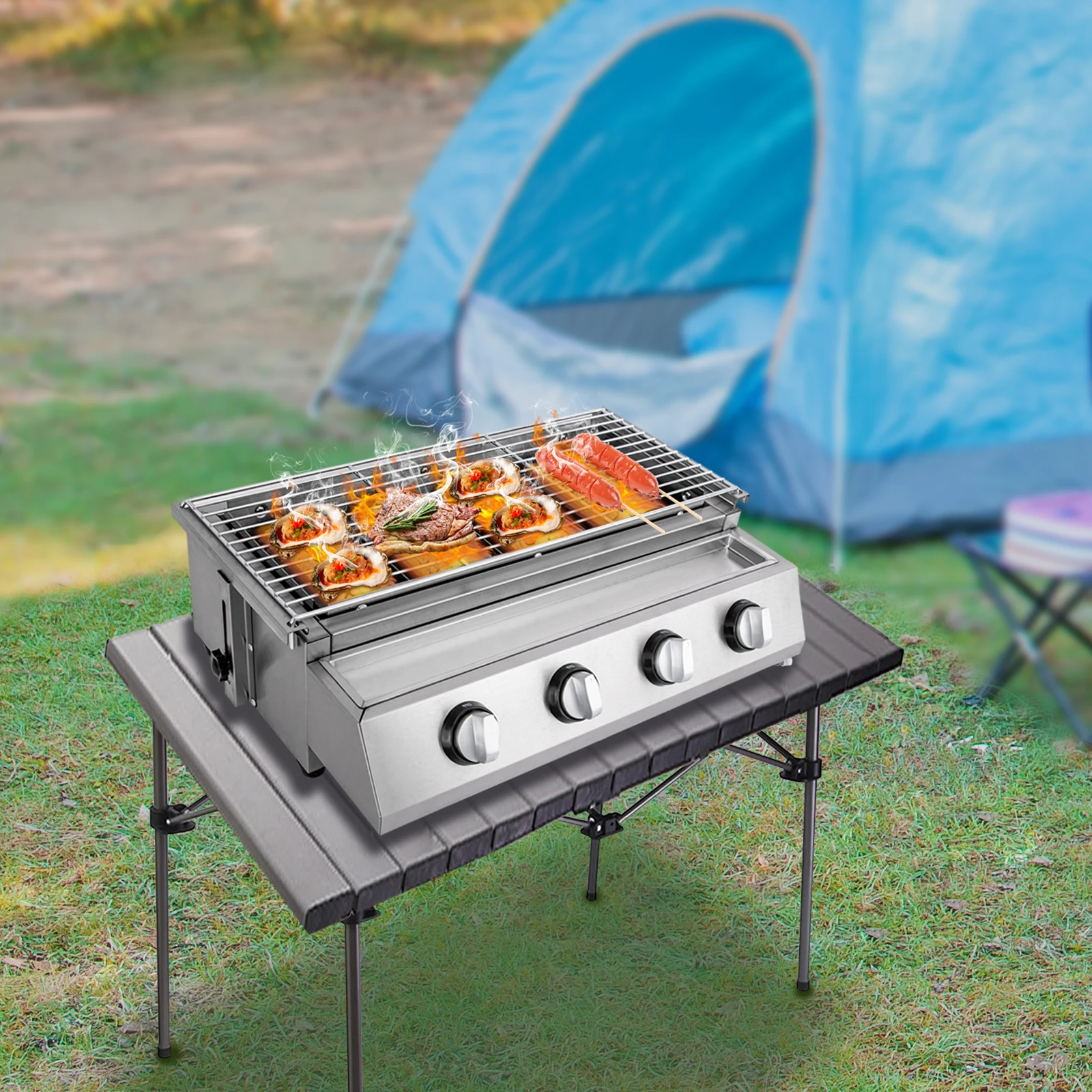 

4 Individual Burners BBQ Propane Gas Grill Stainless Steel Patio Garden Smokeless Barbecue Grill Height Adjustable