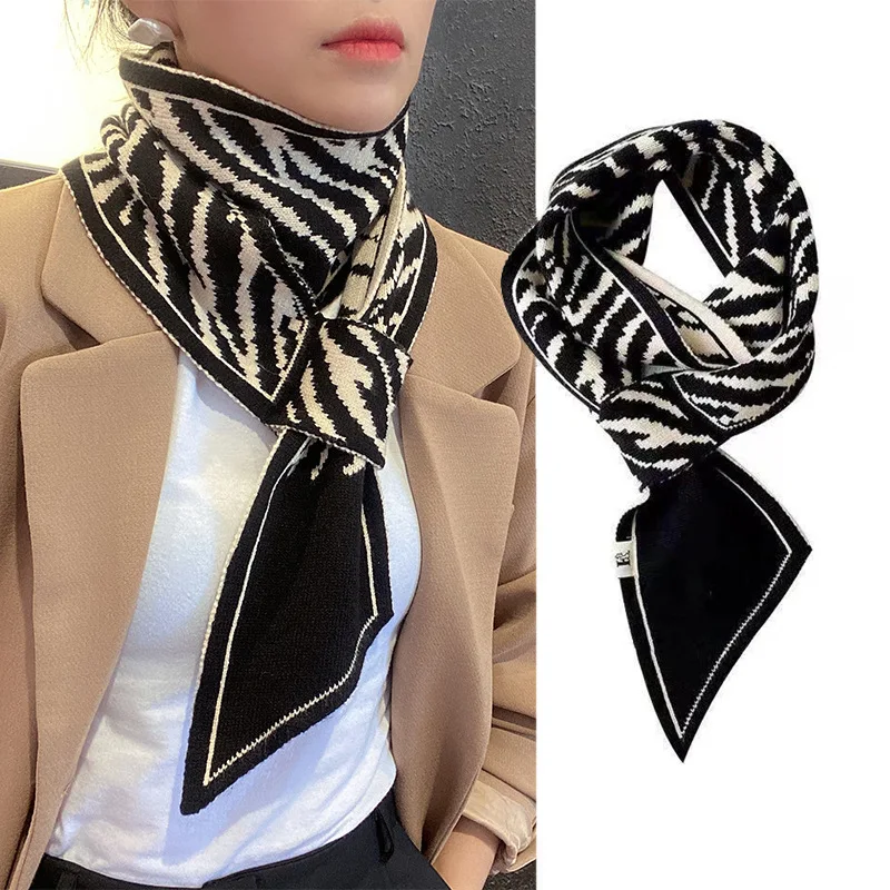 Autumn and Winter Knitted Scarf Women's Neck Protection Striped Scarf with Small Strip Insertion and Hairy Scarf