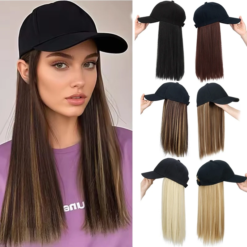 Synthetic Hat Wig with Long Straight Black Hair Baseball Cap Hair Extension Stylish & Convenient All-in-One Design for Women