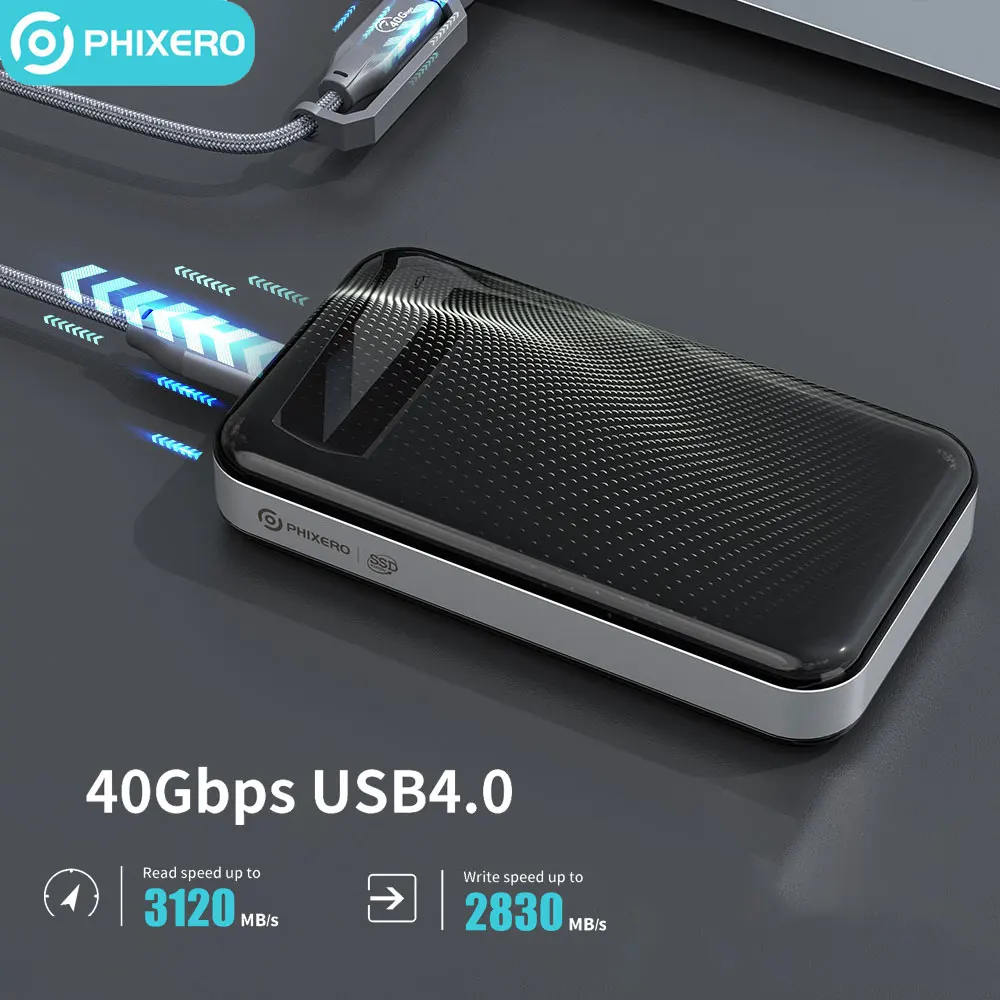 PHIXERO 40Gbps Portable SSD Compatible with Thunderbolt 3 4 USB3.2 USB 3.1 3.0 Type-C USB4.0 Solid State Drive Case