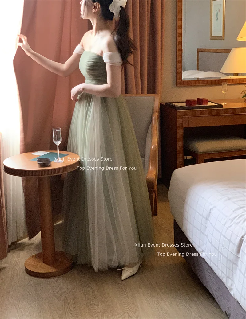 Xijun Fairy Sage Green Tulle Korea Evening Dresses Off the Shoulder Sleeves Ankle Length Prom Gowns Wedding Party Dresses 2024