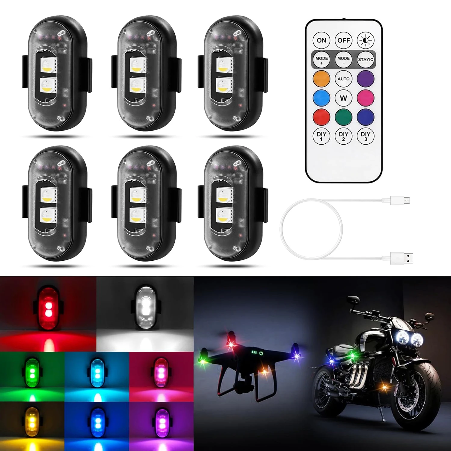2/4/6/8 pezzi luci stroboscopiche per aerei a LED telecomando 8 colori luci a LED anti-collisione per auto moto drone aereo bici