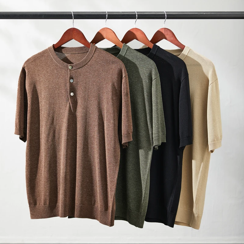 

Solid Color Elastic Knitted T Shirt For Men Short Sleeve Premium Summer Quality Acrylic Lyocell Linen Casual All Match Camisetas
