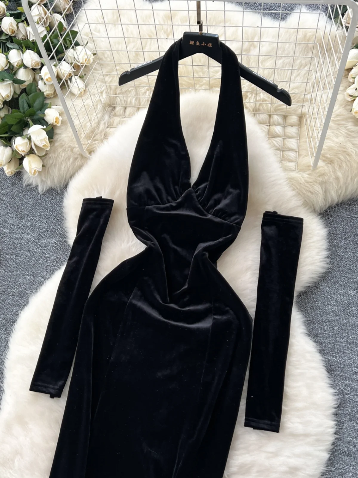 Ele Velvet Evening Dr with Deep V-Ne Bal Design for Women Sli High-Waisted A-Line Skirt Long Sve Mid-Length