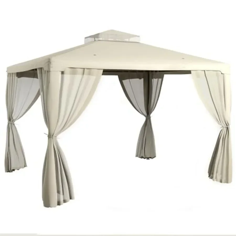 9.6' x 11.6' Outdoor Patio Gazebo with Steel Fe 2-Tier Roof and Netting in Beige for Garden Lawn Backyard Deck Shelter