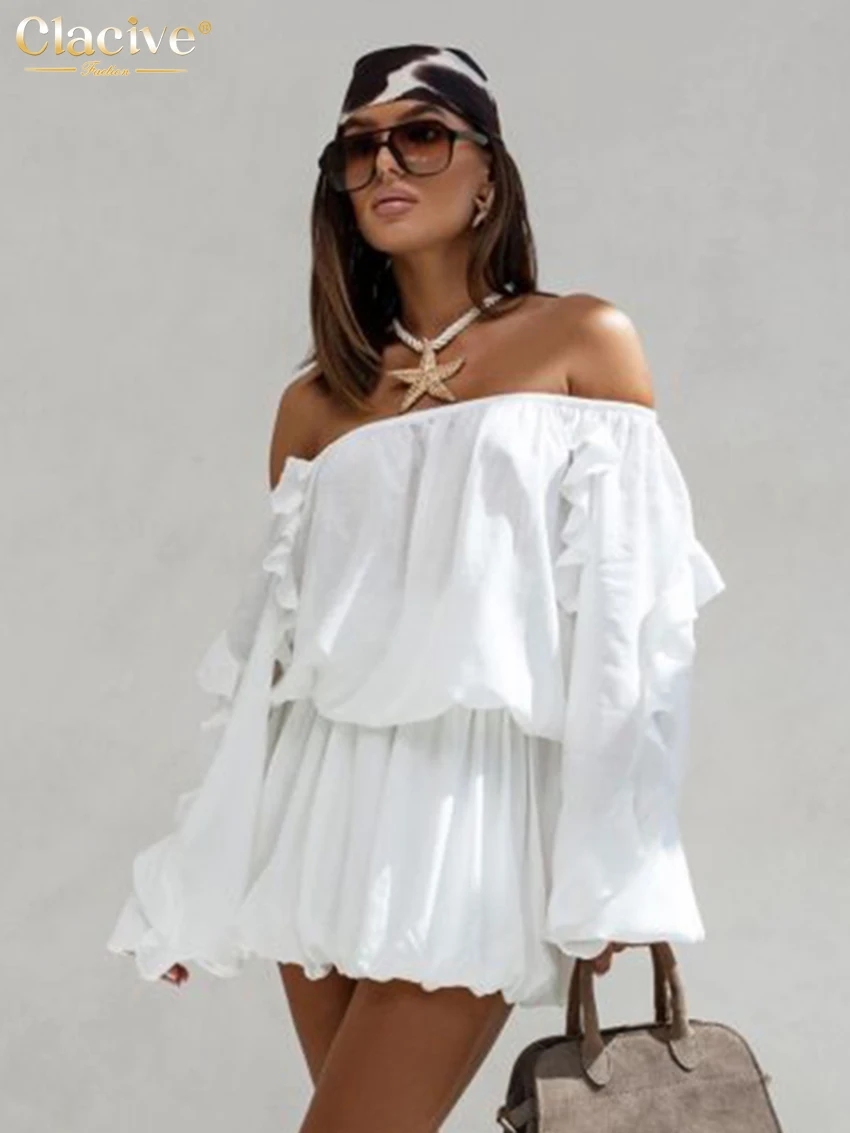 

Clacive Fashion Loose White Cotton Set 2 Piece Woman Elegant Long Sleeve Shirt With High Waist Pleated Mini Skirt Set Female